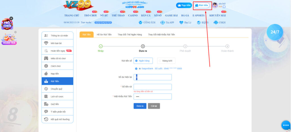 Rút Tiền VZ99 1 hd rút tiền